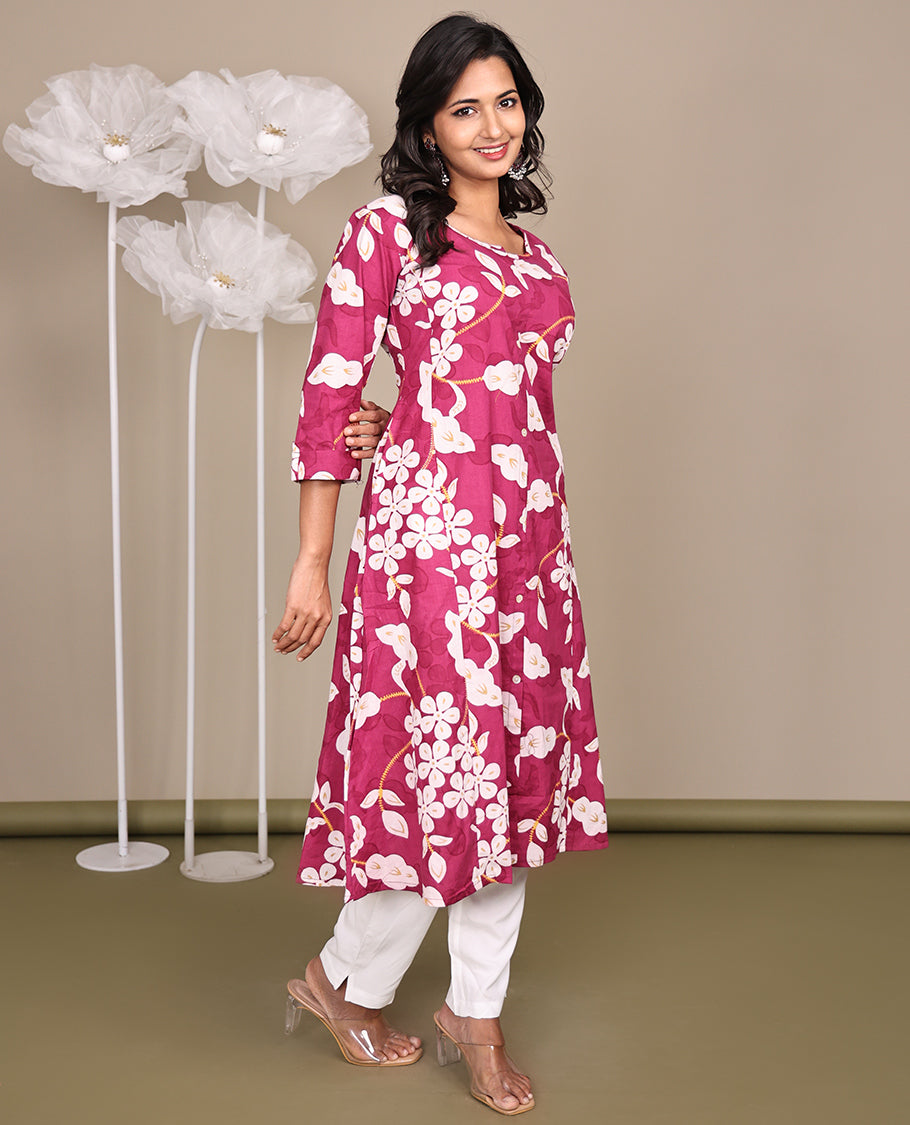 Pink Floral Printed Below-Knee-Length Cotton Kurti, Beautified with Round Neckline, 3/4 Sleeves, and A-Line Length
