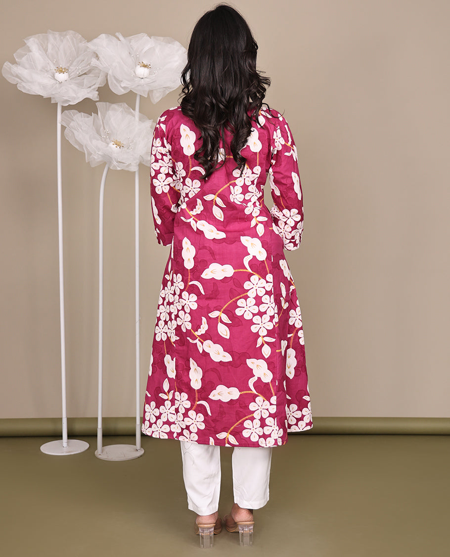 Pink Floral Printed Below-Knee-Length Cotton Kurti, Beautified with Round Neckline, 3/4 Sleeves, and A-Line Length
