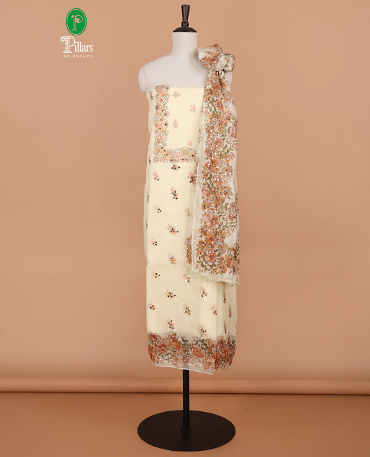 white floral print, stone, mirror work organza chudidhar material top with santoon material pant & floral print, mirror work dupatta