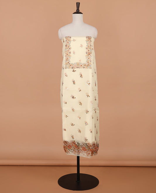 white floral print, stone, mirror work organza chudidhar material top with santoon material pant & floral print, mirror work dupatta
