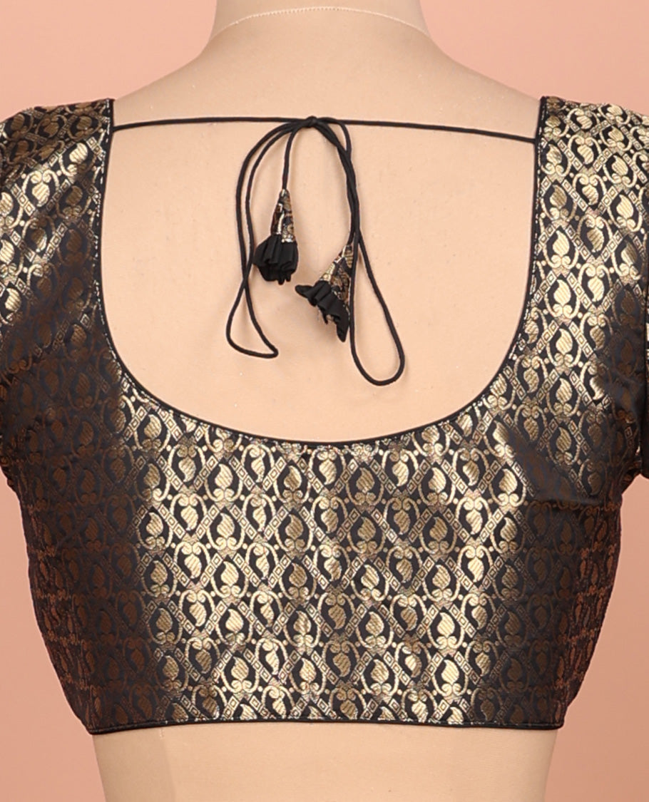 Black paisleys-theme jacquard front-back round neck elbow-sleeve readymade blouse