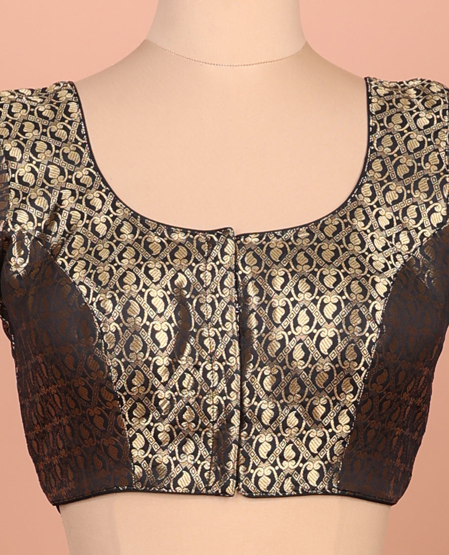 Black paisleys-theme jacquard front-back round neck elbow-sleeve readymade blouse