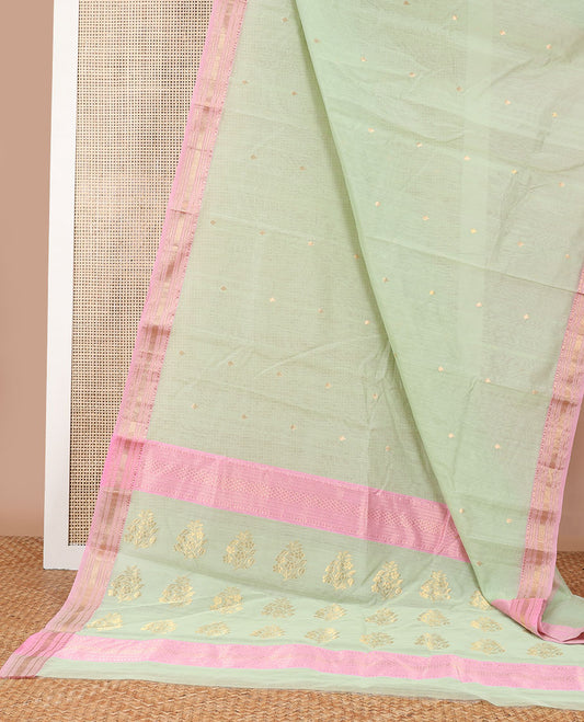 Mint green motifs chanderi cotton saree with contrast traditional zari design border & floral design pallu