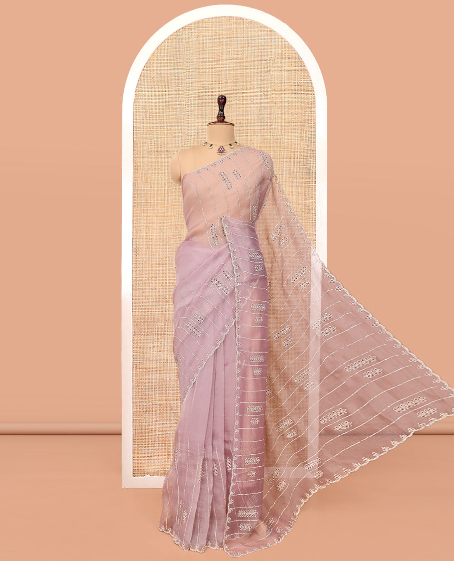 Lavender Swarovski and Meena Stonework Organza Designer Saree with Scallop Border, Matching Blouse