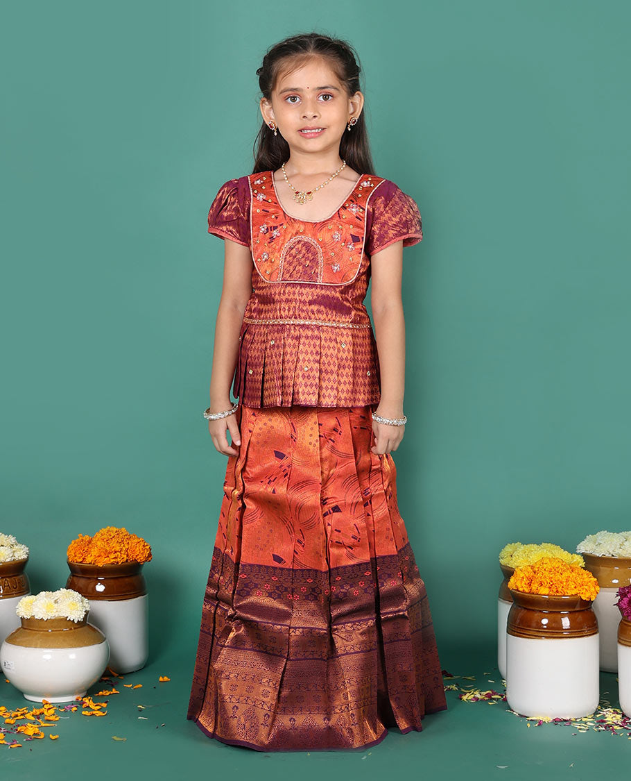Orange readymade art silk pavadai set, jacquard with contrast traditional zari border skirt,