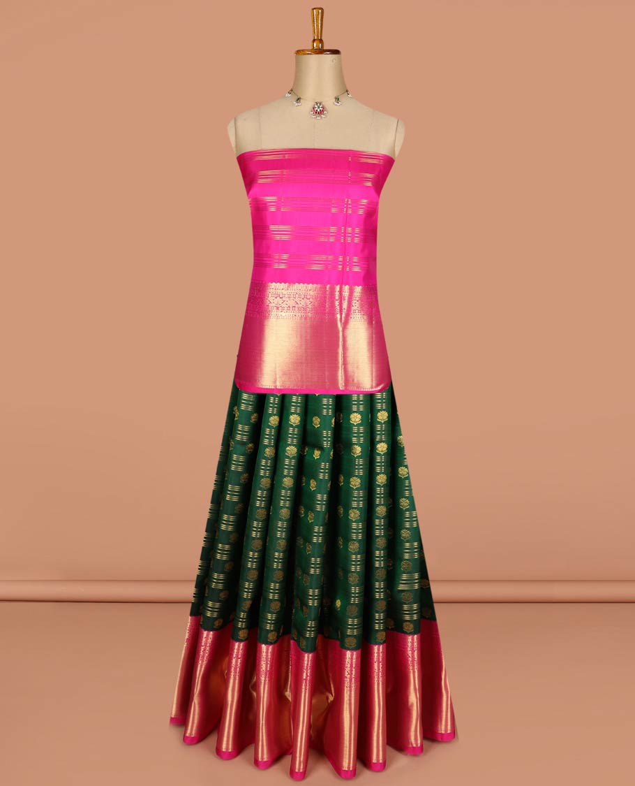 Green pure-silk half-saree with zari buttas, stripes and contrast traditional design bordered skirt, contrast zari design blouse, and jaal design dhavani