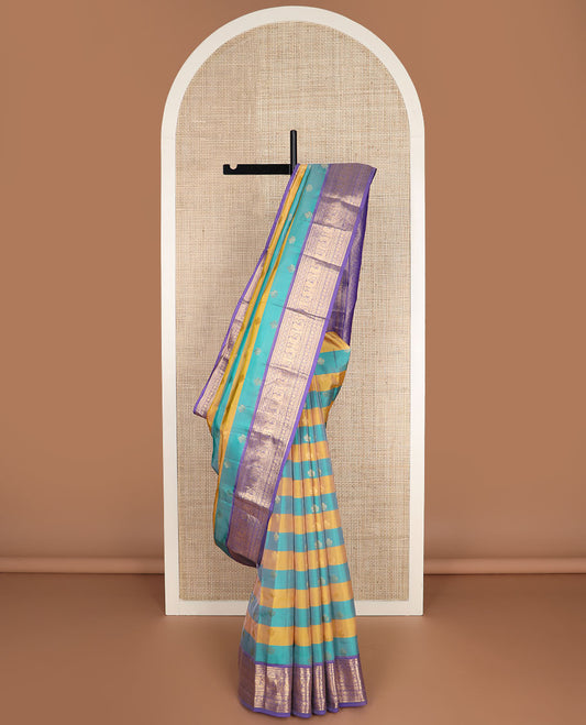 Yellow-blue striped & zari design vasundhara silkmix saree, contrast floral pallu & border of rekku,muthu,kathir & mayil