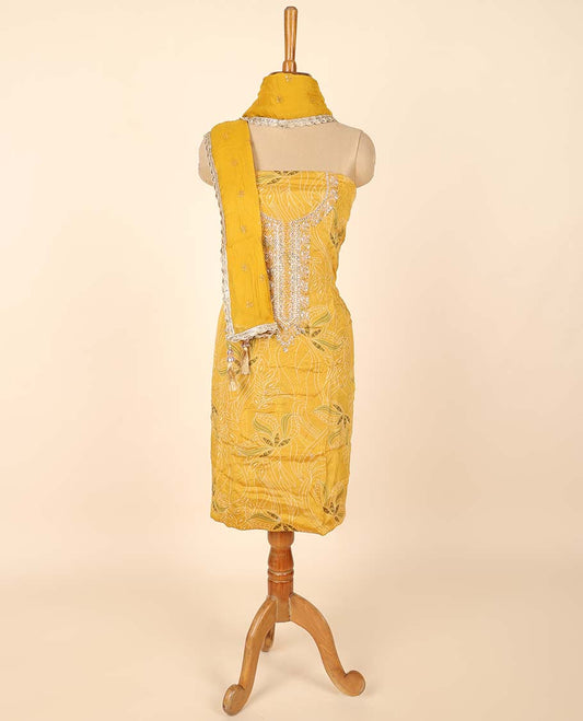 Yellow material chudidhar set, floral print & embroidered top, plain bottom & embroidered top