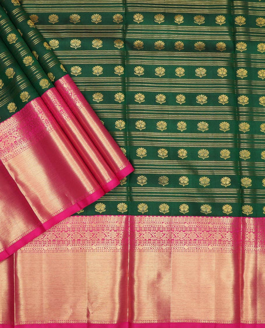 Green pure-silk half-saree with zari buttas, stripes and contrast traditional design bordered skirt, contrast zari design blouse, and jaal design dhavani