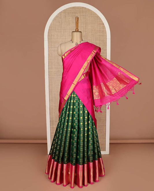 Green pure-silk half-saree with zari buttas, stripes and contrast traditional design bordered skirt, contrast zari design blouse, and jaal design dhavani
