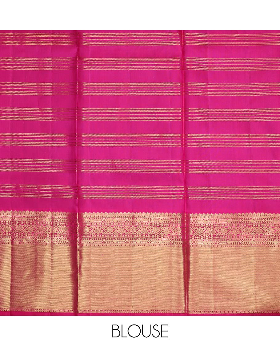 Green pure-silk half-saree with zari buttas, stripes and contrast traditional design bordered skirt, contrast zari design blouse, and jaal design dhavani