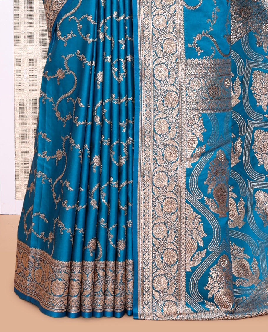 Blue Semi-Banaras Satin Silk Saree