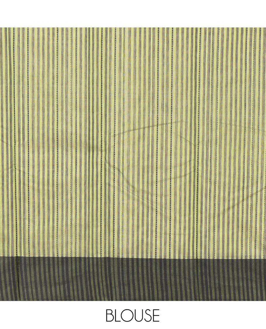 Green Striped Semi-Silk Cotton Saree, Complemented by a Contrast Border, Pallu Steeped with Stripes, and Paired with a Matching Blouse