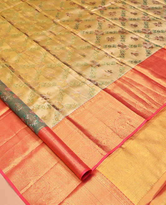 Gold Jacquard Design Kanchipuram Tissue Silk Saree, a Contrast Border of Thilakam Mokku, Muthu, Kamalam, Paisa, Mayil Kann, Cross Kamalam, Manga, and Jaal, Grand Pallu, and Contrast Blouse