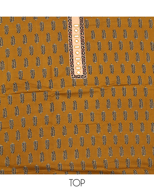 Mustard Cotton Material Chudidar Set, Ornamented with Unique Motifs Block Printed on Its Cotton Top, a Plain Cotton Bottom, and Paired with an Intricately Block Printed Cotton Dupatta