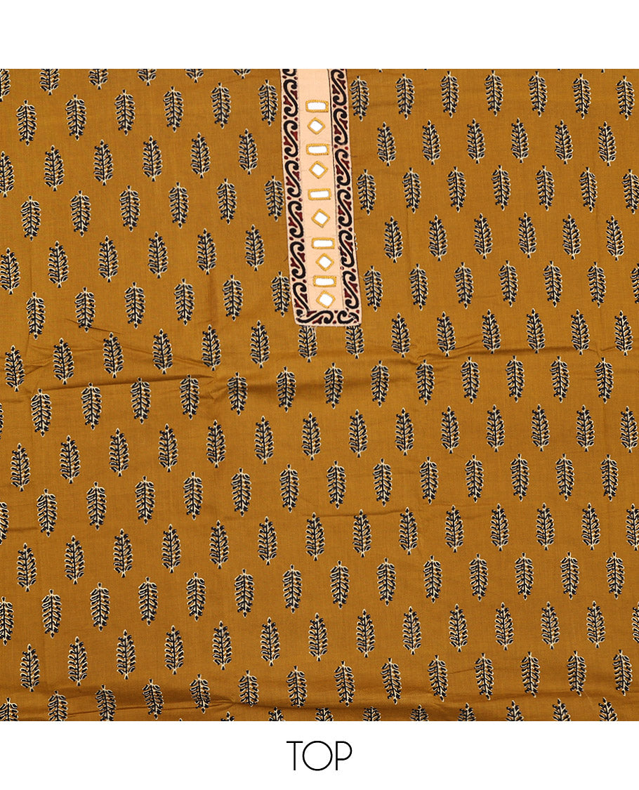 Mustard Cotton Material Chudidar Set, Ornamented with Unique Motifs Block Printed on Its Cotton Top, a Plain Cotton Bottom, and Paired with an Intricately Block Printed Cotton Dupatta
