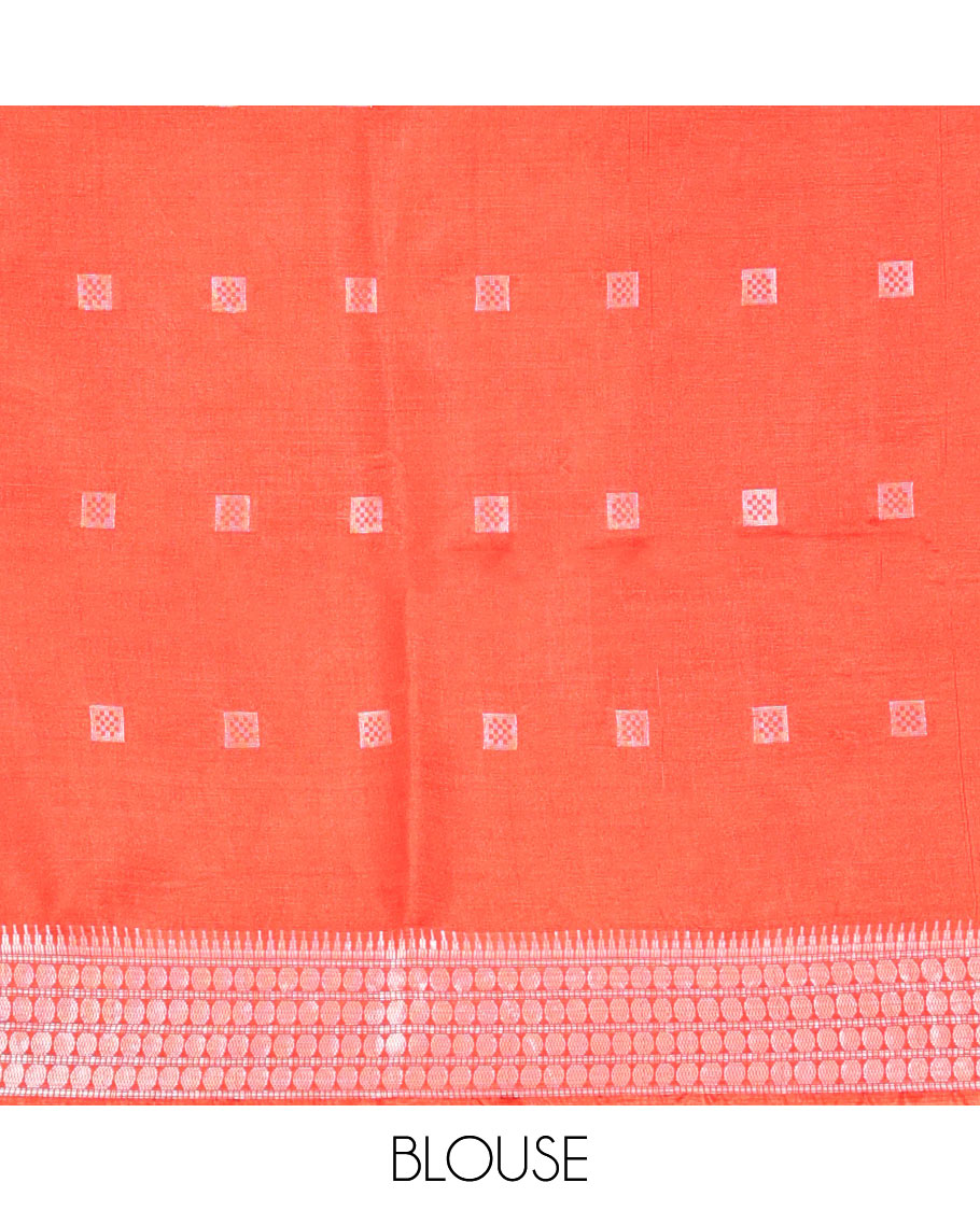 Orange Banana Pith Saree, Mesmerized with Buttas All Over Its Body, Highlighted by Self-Border of Temple and Rudraksham Motifs, Pallu Steeped with Stripes and Buttas, and Paired with a Matching Blouse