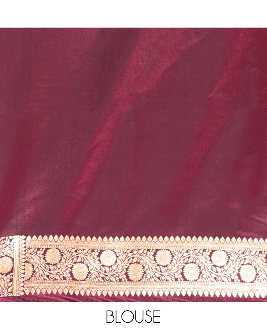 Maroon Banarasi Nylon Saree, Embellished with Buttas, Floral Creeper Zari Border, Intricate Pallu, and a Matching Blouse