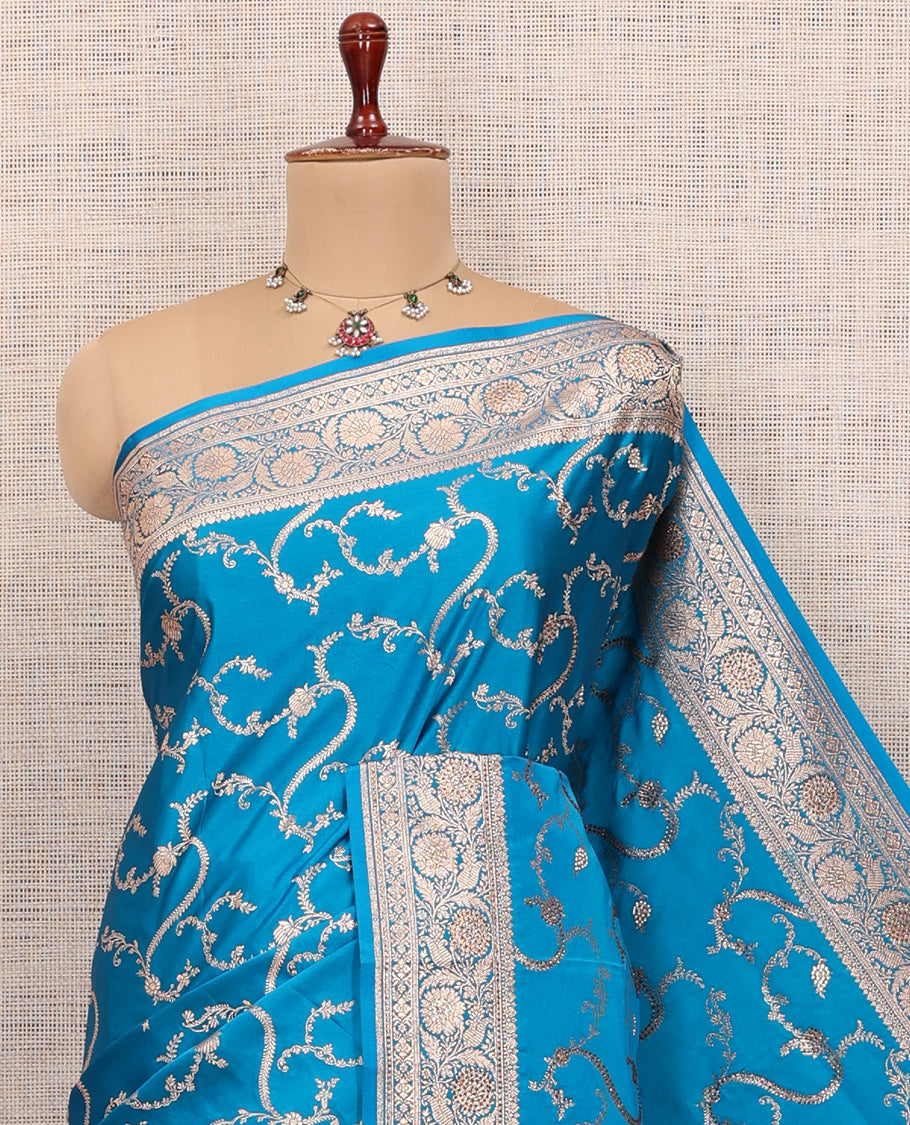 Blue Semi-Banaras Satin Silk Saree