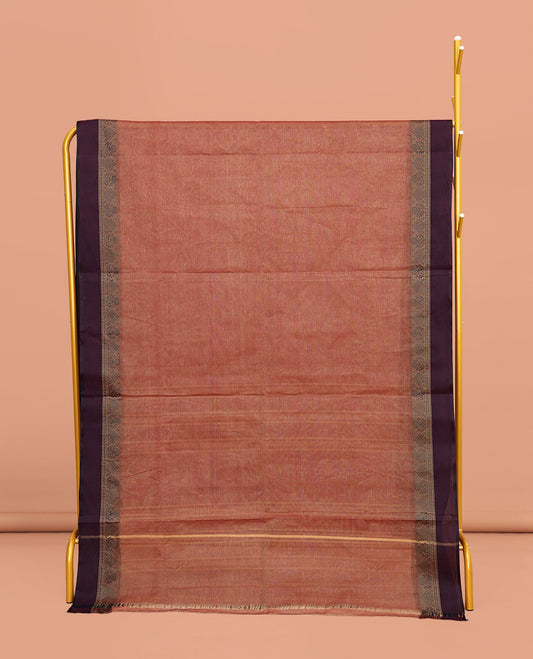 Orange Bengal Cotton Saree, Woven with Buttas All Over Its Body, Complemented by a Contrast Border of Unique Designs, Pallu of Stripes and Buttas, and Paired with a Matching Blouse