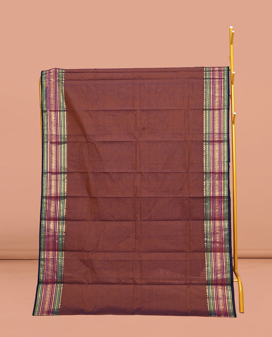 Brown Plain Chettinad Cotton Saree, Complemented by a Contrasting Traditional Zari Design Border, Pallu of Stripes, and Paired with a Matching Blouse