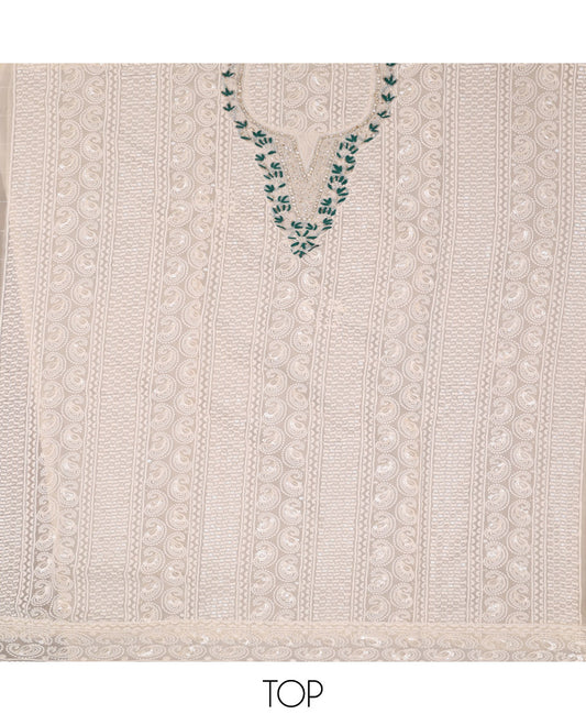 Sandal and Green Material Chudidar Set, Mesmerized with Chikankari-Style Thread and Sequins Embroidered and Neck Work on Georgette Top, a Plain Santoon Bottom, and Paired with a Floral Printed Georgette Dupatta