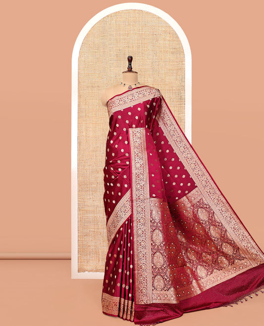Red Wine Banarasi Satin Saree, Accentuated with Buttas, a Floral Creeper Border, Intricate Stonework Pallu, and a Matching Blouse