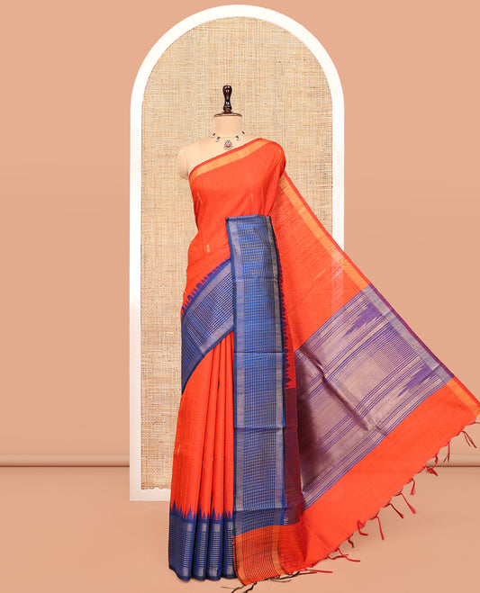 Orange Dupion Silk Saree, Accentuated with Buttas, Complemented by Contrast Temple-Checked Border, Temple Pallu, and a Contrast Blouse