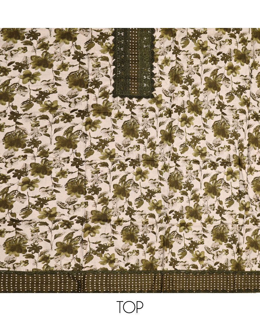 Green Material Chudidar Set, Adorned with Floral Motifs Print and Embroidery on Cotton Top, a Polka Dot Printed Cotton Bottom, and Paired with a Floral Printed Cotton Dupatta