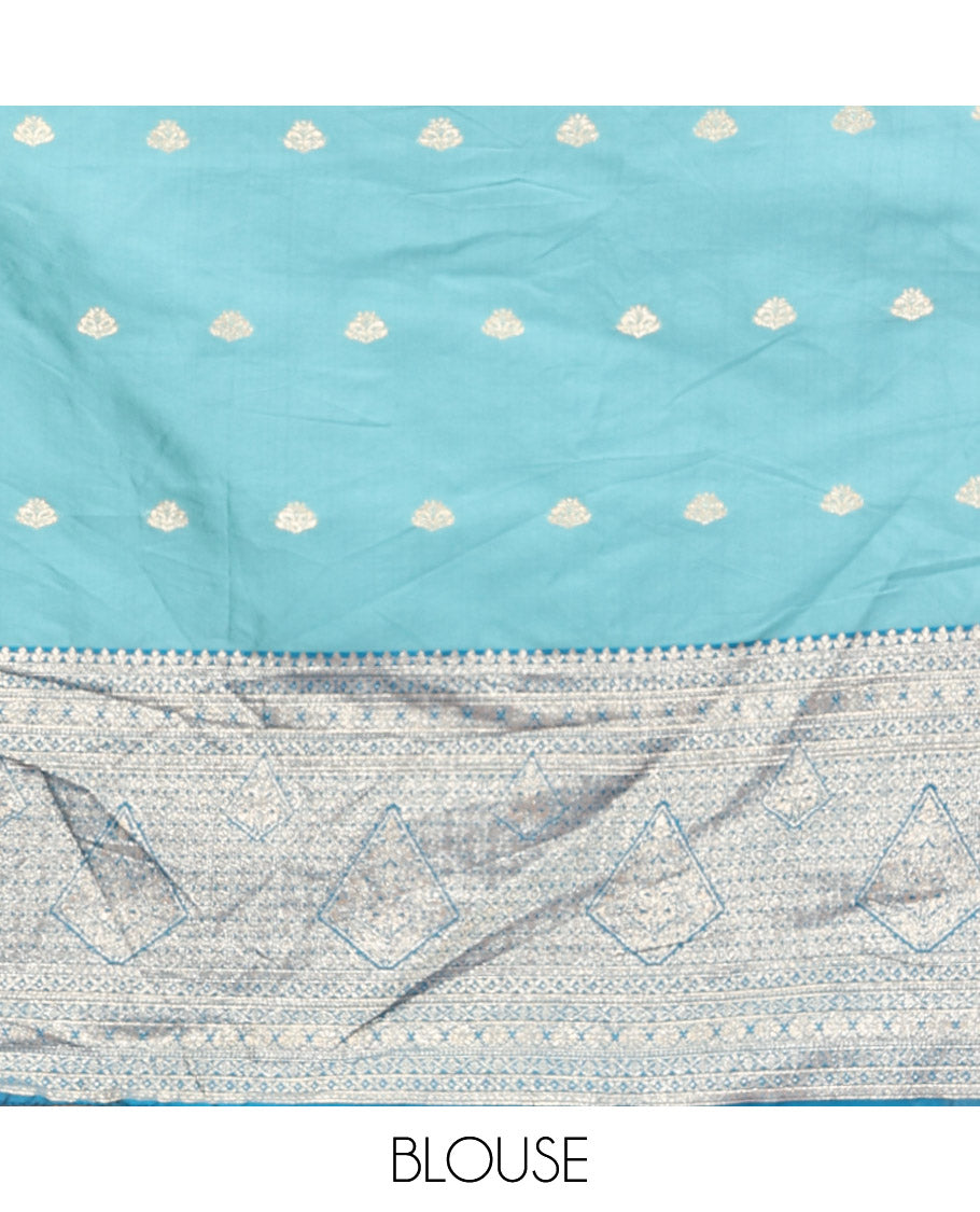 Blue Art Silk Half Saree, Embellished with Buttas Skirt, Contrast Traditional Border, Matching Blouse, and a Contrast Banaras Dhavani