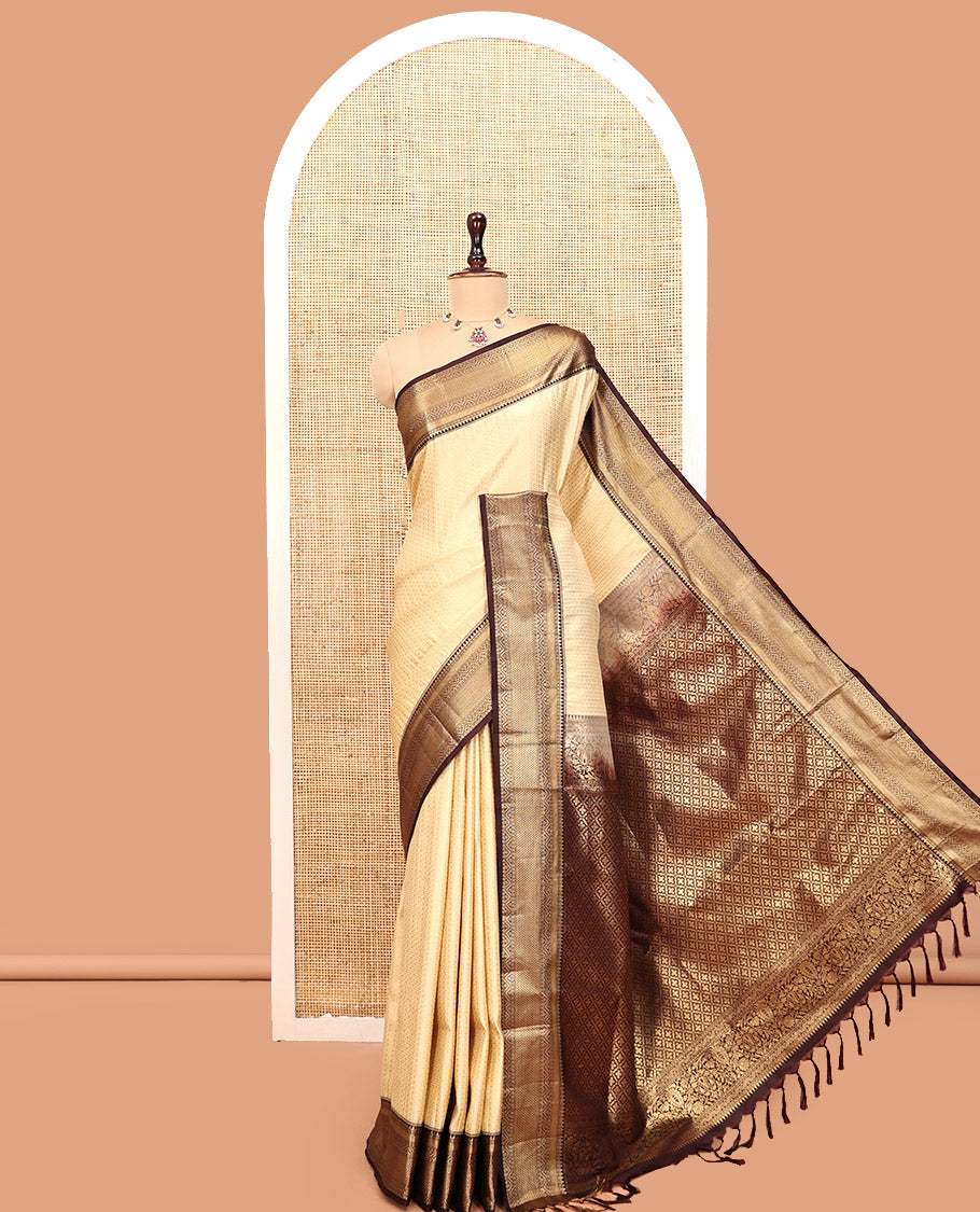 Off-White-Coffee Brown Budget Silk Saree Features Zari Designs, Contrast Border, Pallu, and Contrast Blouse