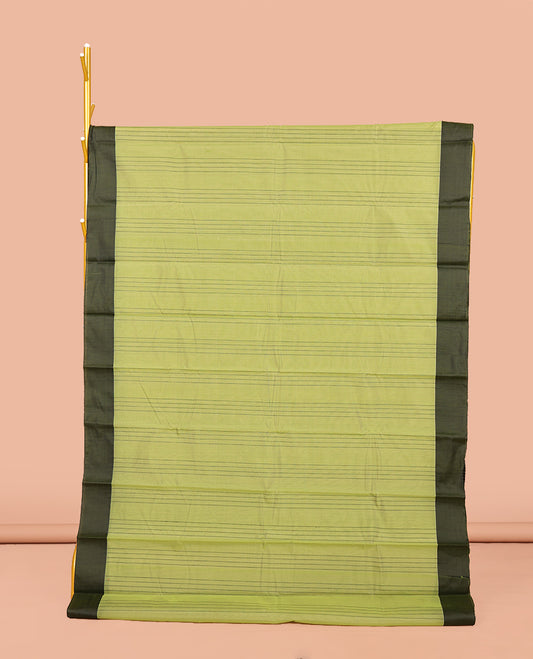 Green Striped Semi-Silk Cotton Saree, Complemented by a Contrast Border, Pallu Steeped with Stripes, and Paired with a Matching Blouse