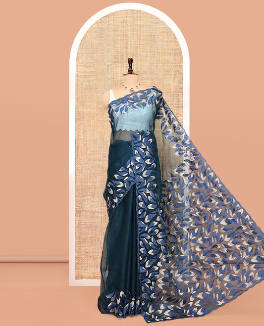 Blue Plain Organza Saree, a Scalloped Leaf-Motif Thread Embroidery Border, Pallu, and a Matching Embroidered Blouse