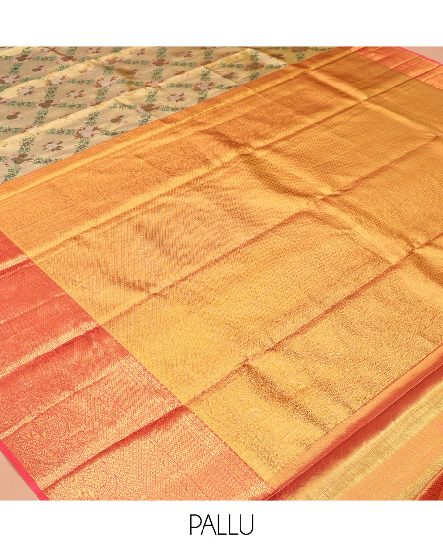 Gold Jacquard Design Kanchipuram Tissue Silk Saree, a Contrast Border of Thilakam Mokku, Muthu, Kamalam, Paisa, Mayil Kann, Cross Kamalam, Manga, and Jaal, Grand Pallu, and Contrast Blouse