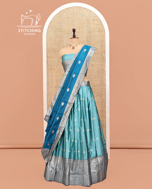 Blue Art Silk Half Saree, Embellished with Buttas Skirt, Contrast Traditional Border, Matching Blouse, and a Contrast Banaras Dhavani