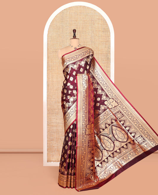 Maroon Banarasi Nylon Saree, Embellished with Buttas, Floral Creeper Zari Border, Intricate Pallu, and a Matching Blouse