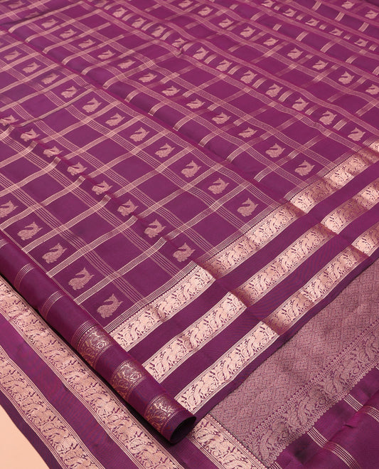 Purple Vasundhara Lite Silk Mix Saree, Impeccably Styled with Zari Butta Enclosed Checks, a Zari Border of Muthu, Mayil, and Kuthirai Designs, Grand Pallu, and a Matching Blouse