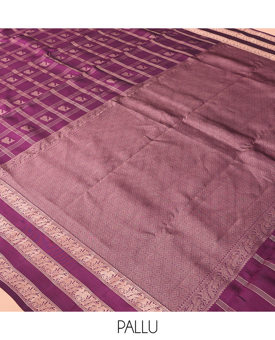 Purple Vasundhara Lite Silk Mix Saree, Impeccably Styled with Zari Butta Enclosed Checks, a Zari Border of Muthu, Mayil, and Kuthirai Designs, Grand Pallu, and a Matching Blouse