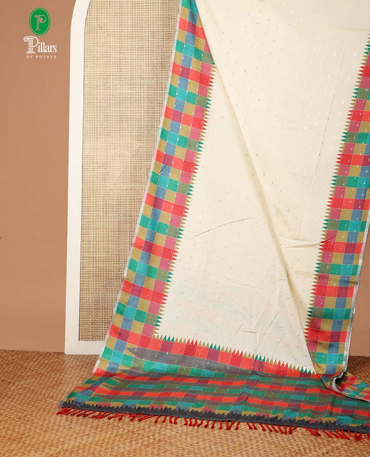 Cream thousand butta zari design kathan silk saree with checks border & checks design pallu & checks blouse