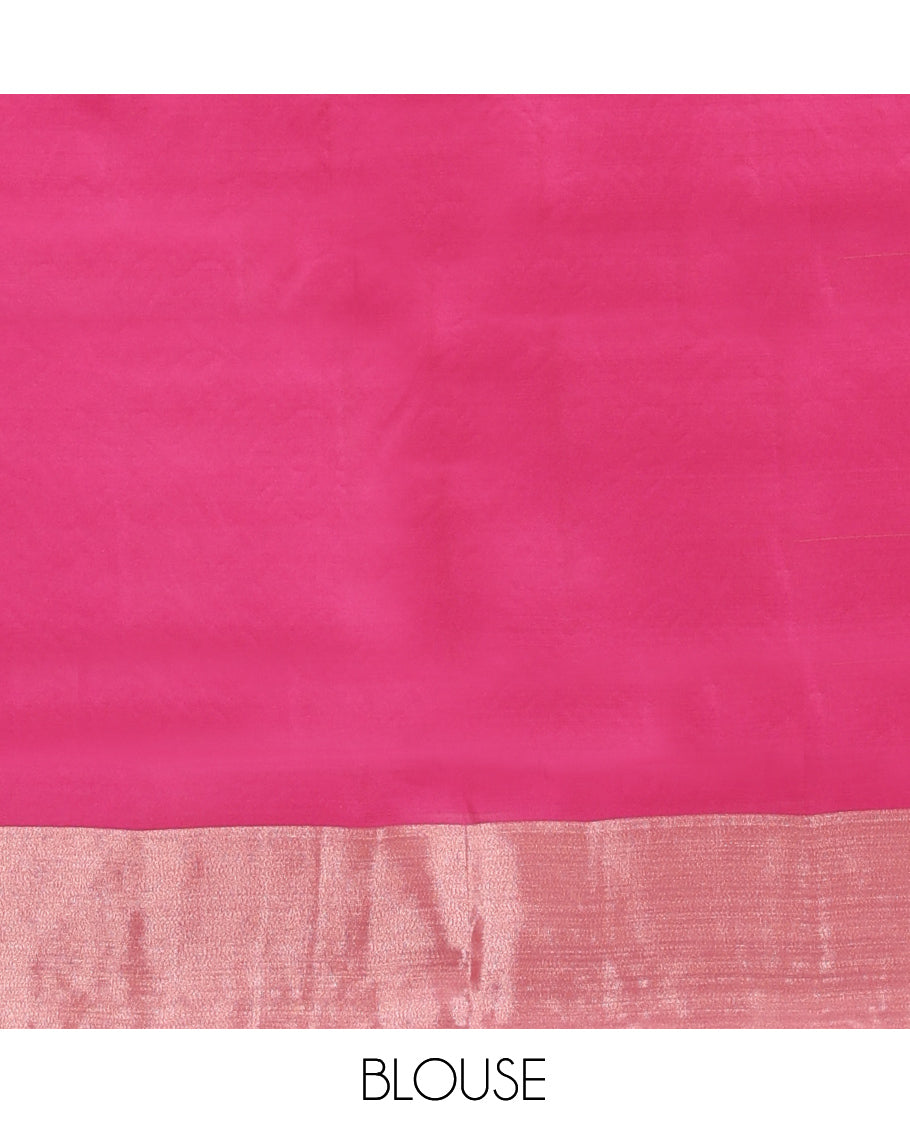 Green Uppada Saree, Adorned with Hibiscus Floral Buttas, a Bavanji Border, Contrast Intricate Pallu, and a Contrast Blouse