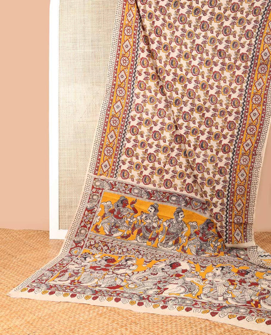 Cream floral design machine-printed kalamkari cotton saree with contrast floral design & pichwai design pallu
