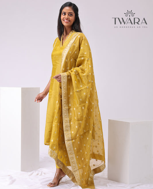 Twara yellow stone embroidery v neck, 3/4 th sleeve , below knee lenght kurti with straigth pants & floral design dupatta