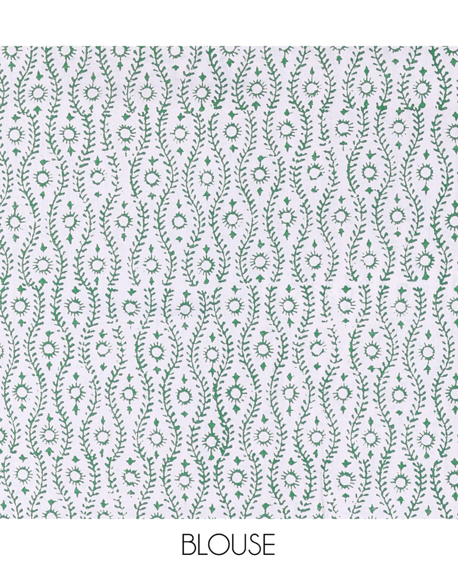 Green South Cotton Saree Features Tree Block-Print, a Bold Block-Printed Border, and a Contrast Blouse