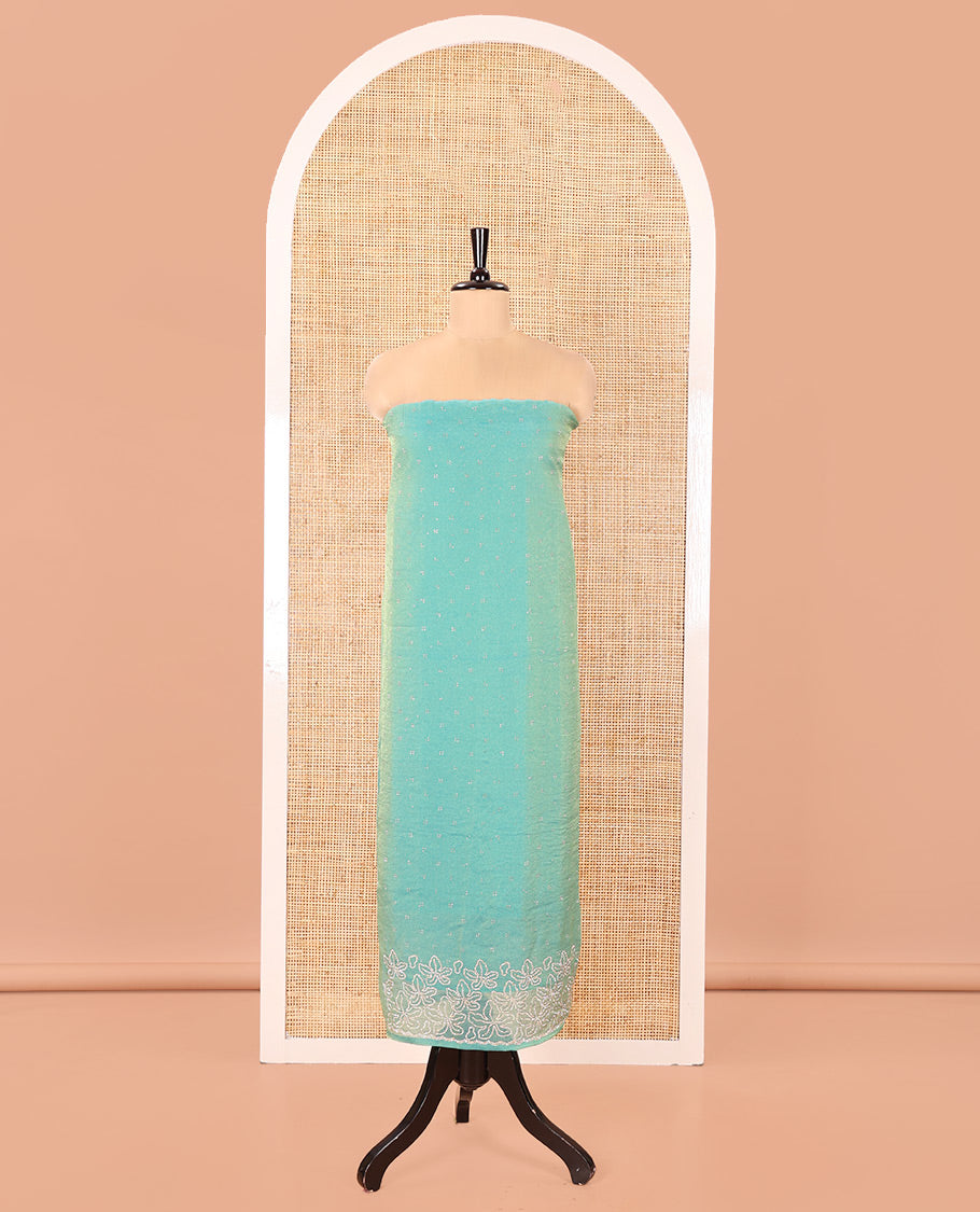 Green Moss Organza Material Churidar Set, Decorated with Floral Embroidery and Stone Struck on Its Top, a Plain Santoon Bottom, and Paired with a Moss Organza Stone Work Scallop Dupatta