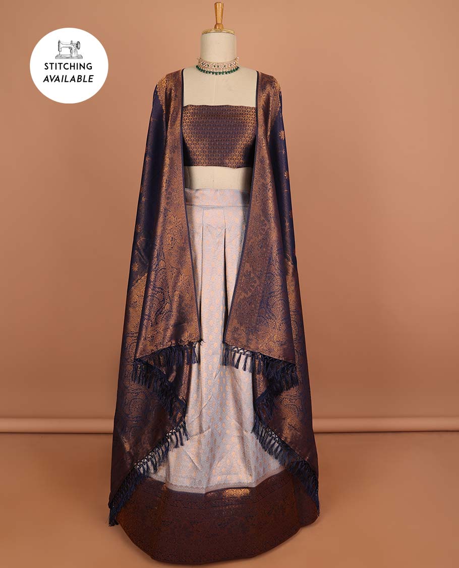 Blue buttas half sare with contrast zari border, zari design blouse & floral design dhavani