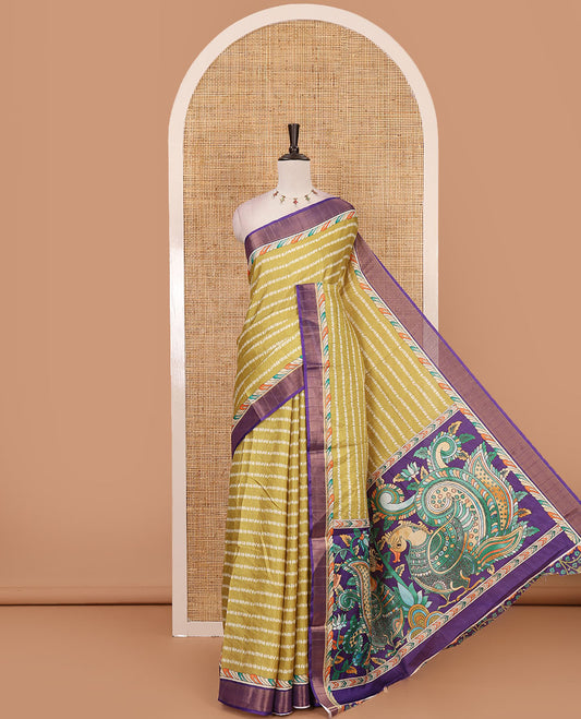 Mehendi green shibori-style printed soft-tussar saree, contrast zari border, kalamkari peacock printed pallu & kalamkari floral vine print contrast blouse