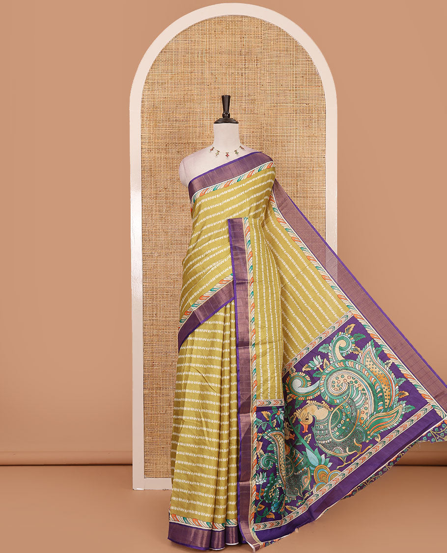 Mehendi green shibori-style printed soft-tussar saree, contrast zari border, kalamkari peacock printed pallu & kalamkari floral vine print contrast blouse