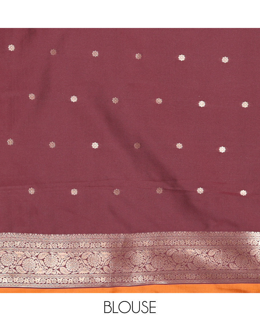 Rust orange manga buttas kanchi soft-silk saree, contrast traditional zari border of floral creeper designs, intricate pallu, and a contrast zari design blouse