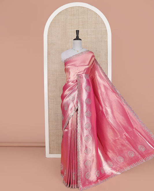 Pink Designer Saree, Mesmerized with Geometric Jacquard on Its Body, Highlighted by a Scallop Stone Embroidered Border, Majestically Detailed Pallu, and Paired with a Matching Blouse