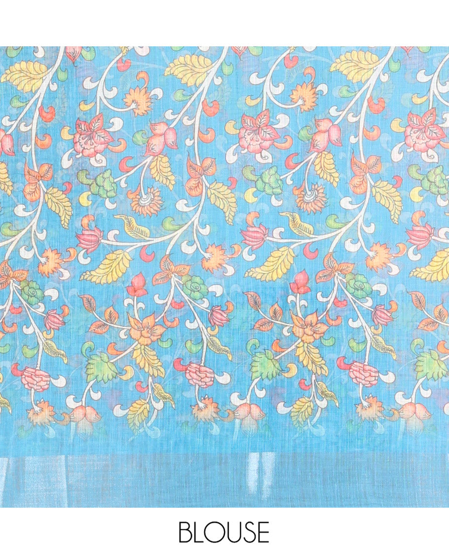 Yellow Linen Cotton Saree, Prettified with Floral Motifs Printed On Its Body, Complemented by Captivating Contrast Bavanji Border, Colorful Floral Vine Printed Pallu, and Paired with a Contrast Blouse